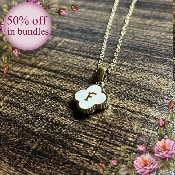 14K Gold Plated Stainless Steel Initial Necklaces “F” Four Leaf Clover Necklace - Picture 1 of 11